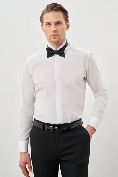 Beyaz Uzun Kol Düz Bez Ayağı Ata Yaka Cepsiz Pamuklu Basic Slim Fit Gömlek 1004250060 ürün görseli 1