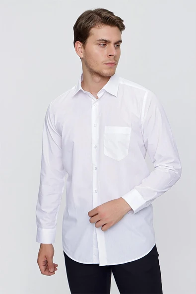 Beyaz Uzun Kollu Bez Ayağı Sert Yaka Cepli Basic Comfort Fit Rahat Kesim Gömlek 1004235051 ürün görseli 1