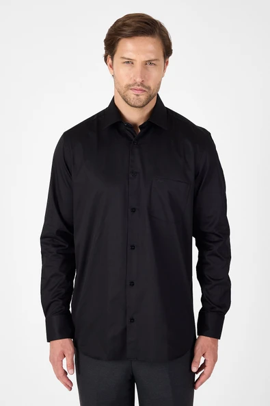 Siyah Sert Yaka Düz Classic %100 Pamuk Comfort Fit Gömlek 1004250323 ürün görseli 1