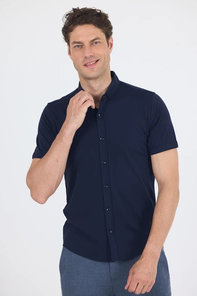 italyan Düğmeli Yaka Kısa Kol Cepsiz Slim Fit Gömlek 1004250255 ürün görseli 1