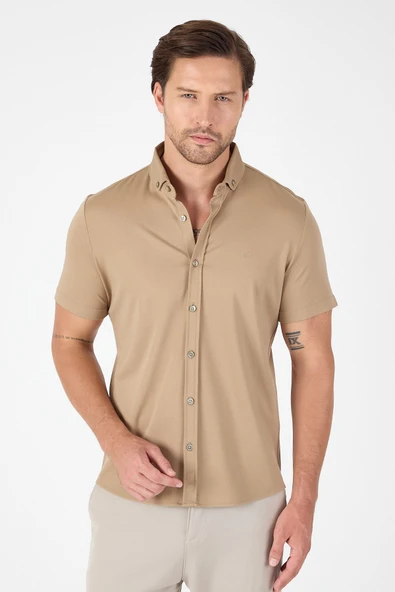 Bej Kısa Kol Düğmeli Yaka Cepsiz Performans Ürün Slim Fit  Gömlek 1004250256 ürün görseli 1