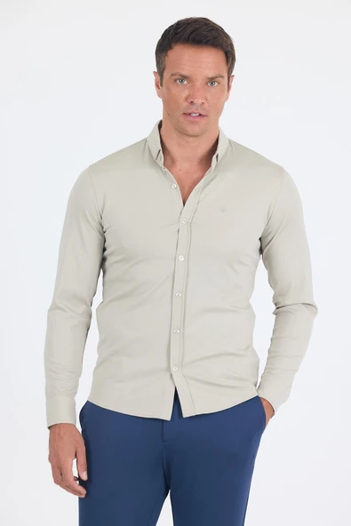 Gri İtalyan Düğmeli Yaka UzunKol Cepsiz Slim Fit Gömlek 1004250254 ürün görseli 1