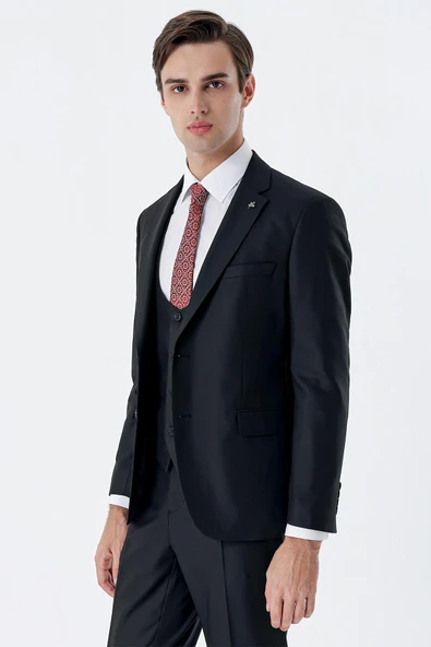 Siyah Mono Yaka Çift Yırtmaç Yelekli 6 Drop Slim Fit Dar Kesim Basic Takım Elbise 1001245186 ürün görseli 1