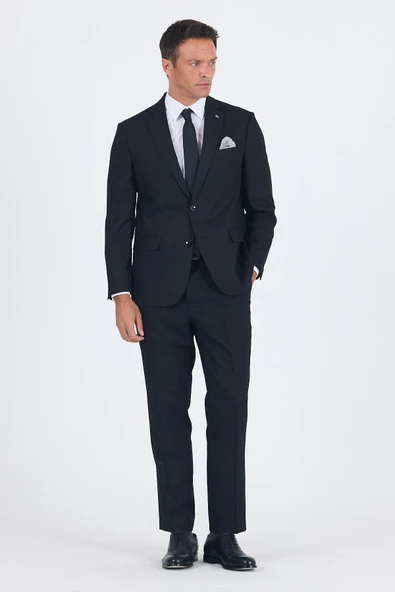 Siyah Mono Yaka Çizgili 4 Drop Comfort Fit Tam Astar Esnek Takım Elbise 1001250178 ürün görseli 1