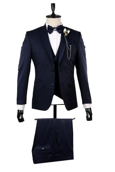 Koyu Lacivert Mono Yaka Astarlı Yelekli 6 Drop Slim Fit Smokin Damatlık 1001210100 ürün görseli 1