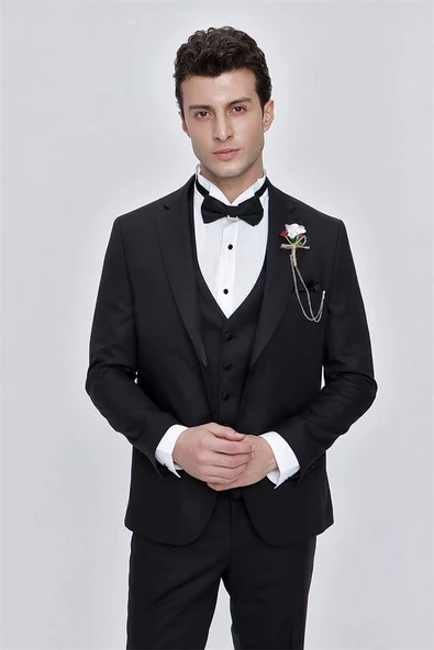 Siyah Armürlü Çıkarılabilir Mono Yaka Yelekli 6 Drop Slim Fit Smokin Damatlık 1001225202 ürün görseli 1