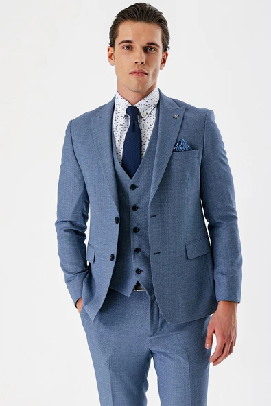 İndigo Mavi Desenli Kırlangıç Yaka Yelekli 6 Drop Slim Fit Dar Kesim Klasik Takım Elbise 1001240157 ürün görseli 1