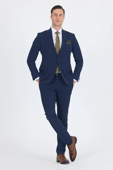 Lacivert Mono Yaka Örme Beli Lastikli 6 Drop Slim Fit Yarım Astar Esnek Takım Elbise 1001250121 ürün görseli 1
