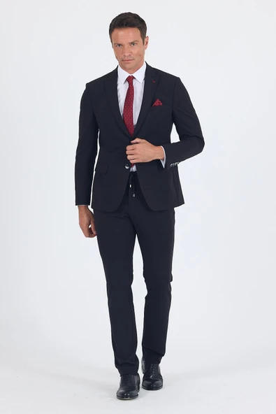 Siyah Kırlangıç Yaka Örme Beli Lastikli 6 Drop Slim Fit Kelebek Astar Esnek Takım Elbise 1001250176 ürün görseli 1