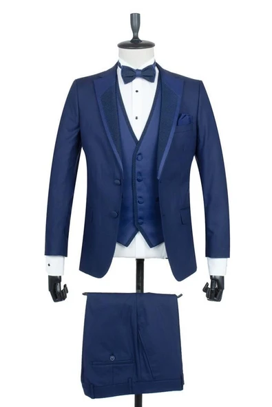 Lacivert Gabardin Mono Yaka Astarlı Yelekli 6 Drop Slim Fit Dar Kesim Smokin Damatlık 1001195166 ürün görseli 1