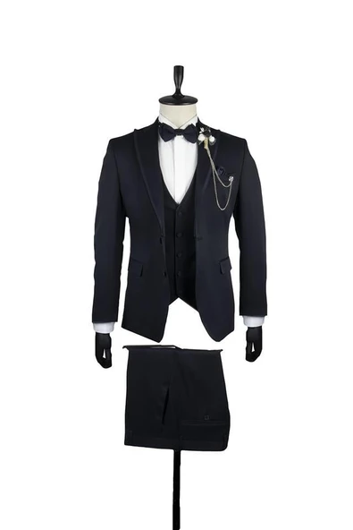 Koyu Lacivert Armürlü Mono Yaka Astarlı Yelekli 6 Drop Slim Fit Smokin Damatlık 1001220201 ürün görseli 1