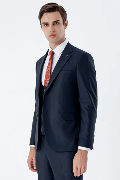 Lacivert Mono Yaka Çift Yırtmaç Yelekli 6 Drop Slim Fit Dar Kesim Basic Takım Elbise 1001240186 ürün görseli 1