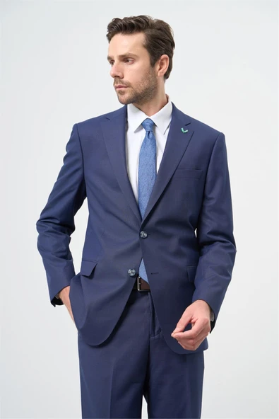 Lacivert Mono Yaka Yünlü Likralı 6 Drop Comfort Fit Rahat Kesim Klasik Takım Elbise 1001235904 ürün görseli 1