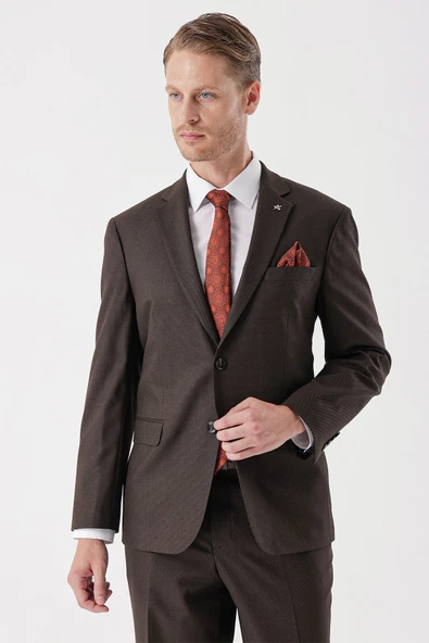 Kahverengi Desenli Armürlü Mono Yaka 4 Drop Comfort Fit Rahat Kesim Klasik Takım Elbise 1001235150 ürün görseli 1
