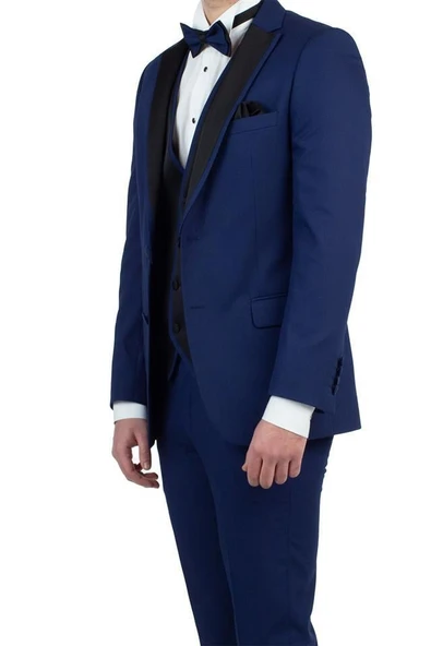 Lacivert Armürlü Mono Yaka Astarlı Yelekli 6 Drop Slim Fit Smokin Damatlık 1001190150 ürün görseli 1