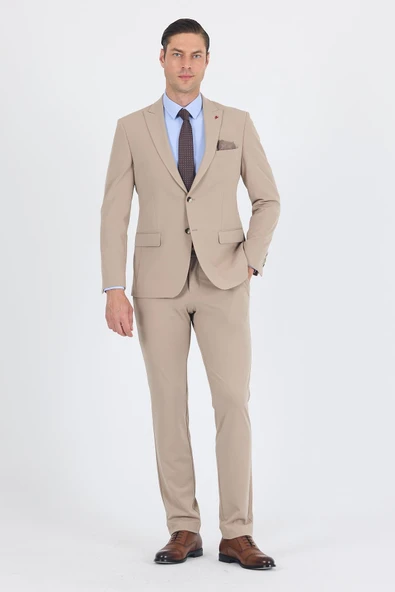 Bej Kırlangıç Yaka Örme Beli Lastikli 6 Drop Slim Fit Kelebek Astar Esnek Takım Elbise 1001250176 ürün görseli 1