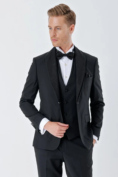 Siyah Çizgili Çıkarılabilir Şal Yaka Yelekli 6 Drop Slim Fit Smokin Damatlık Takım 1001230212 ürün görseli 1