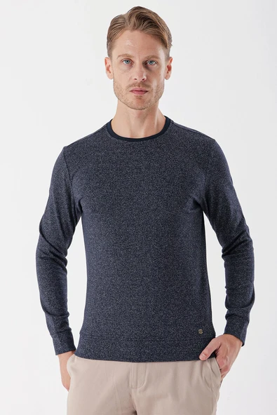 Koyu Lacivert Uzun Kollu Örme Bisiklet Yaka Casual Slim Fit Sweatshirt 1013235101 ürün görseli 1