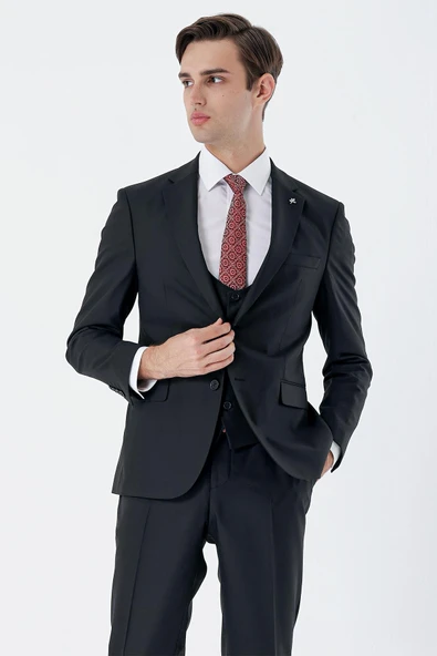 Siyah Mono Yaka Astarlı Çift Yırtmaç Yelekli 6 Drop Slim Fit Dar Kesim Basic Takım 1001230186 ürün görseli 1