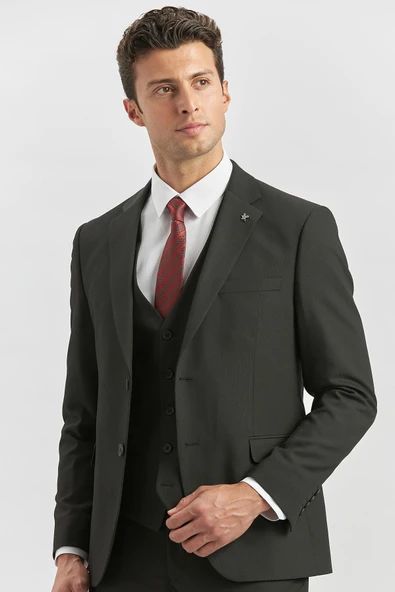 Siyah Desenli Armürlü Mono Yaka Yelekli Likralı 6 Drop Slim Fit Takım Elbise 1001240180 ürün görseli 1
