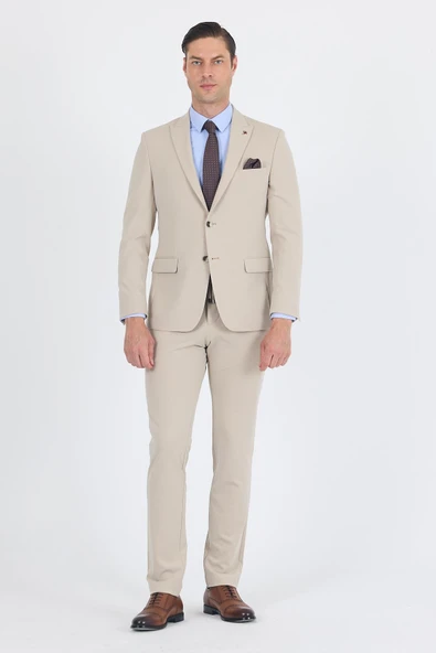 Bej Kırlangıç Yaka Örme Beli Lastikli 6 Drop Slim Fit Kelebek Astar Esnek Takım Elbise 1001250176 ürün görseli 1