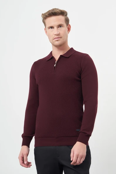 Bordo Uzun Kol Kendinden Desenli Örme Polo Yaka Classic Comfort Fit Triko 1012245156 ürün görseli 1