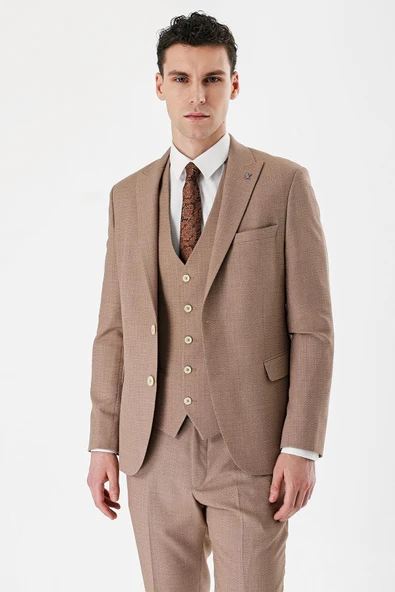 Camel Desenli Kırlangıç Yaka Yelekli 6 Drop Slim Fit Dar Kesim Klasik Takım Elbise 1001240157 ürün görseli 1