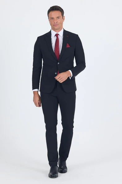 Siyah Mono Yaka Örme Beli Lastikli 6 Drop Slim Fit Yarım Astar Esnek Takım Elbise 1001250121 ürün görseli 1