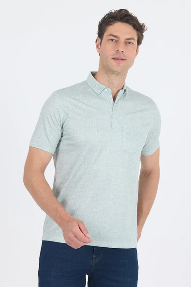 Yeşil Polo Yaka Kısa Kol Cepli Comfort Fit Pamuklu Tişört 1011250180 ürün görseli 1