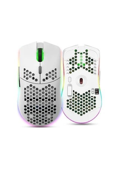 Valkyrie Kablosuz Petek Tasarım Şarjlı Gaming Mouse – RGB Aydınlatmalı 3200 DPI Ultra Hafif Beyaz ürün görseli 1