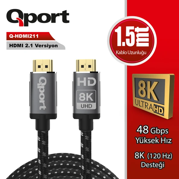 QPORT Q-HDMI211 HDMI 2.1V 8K ALTIN UÇLU 1.5 MT KABLO ürün görseli 1