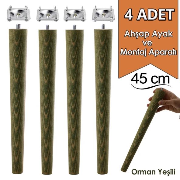 4 Adet Ahşap Ayak 45 Cm Orman Yeşili M8 Civatalı Bağlantı Aparatlı Mobilya Tabure Sehpa Masa Destek Ayağı ürün görseli 1