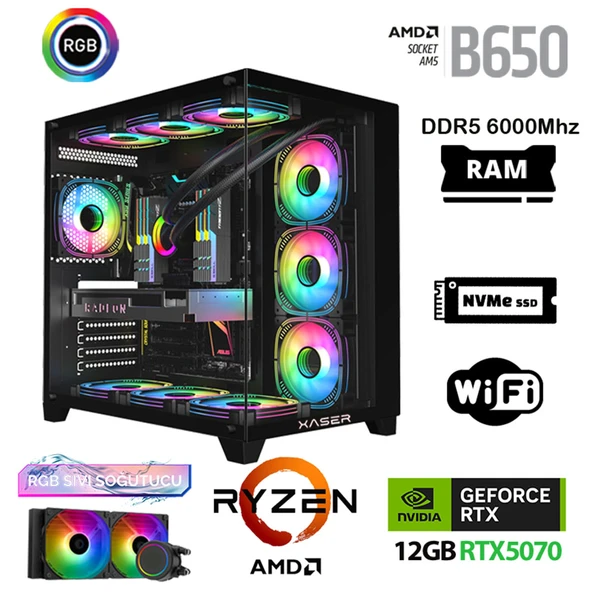 Xaser Velox x480 Ryzen 7 9700x 32GB DDR5 Ram 2TB M.2 NVMe SSD 12GB RTX5070 Sıvı Soğutmalı Oyuncu Tavsiye Sistem ürün görseli 1