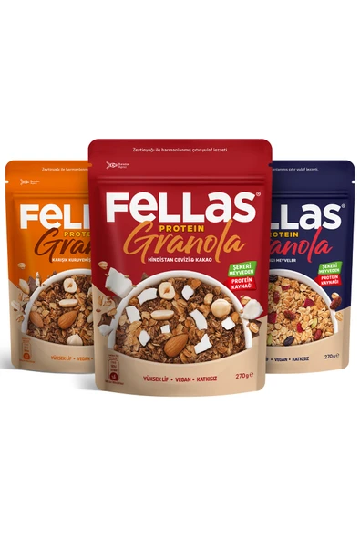 Fellas Protein Granola (270 g) 3'lü Mix Paket - Hindistan Cevizi + Kırmızı Meyveler + Karışık Kuruyemişli ürün görseli 1