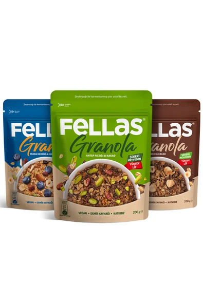 Fellas Granola 3'lü Mix Paket - Yaban Mersinli (200 g) + Fındık & Kakao (200 g) + Antep Fıstıklı (200 g) ürün görseli 1