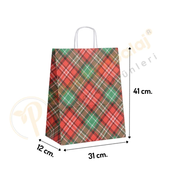Ekose Desen Kraft Çanta Büyük Boy 31x12x41 cm 25 Adet ürün görseli 1