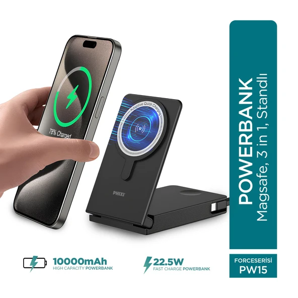 Phixi Ultimate PW15 10000mAh 22.5W Kendinden Kablolu MagSafe Powerbank + Watch + Stand - Kablosuz  Şarj Cihazı - 1 PD  1 USB Port - Dijital Ekran - Taşınabilir Şarj Cihazı ürün görseli 1
