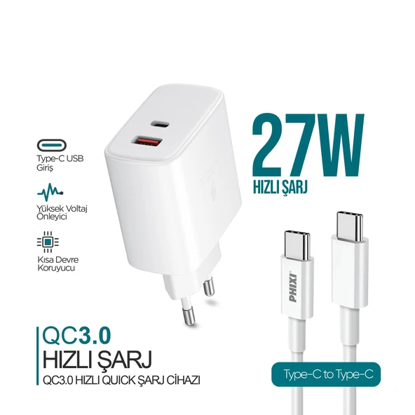 PHİXİ ULTİMATE UPD4325T 27W PD ÇİFT ÇIKIŞLI TYPE-C HIZLI ŞARJ CİHAZI ürün görseli 1