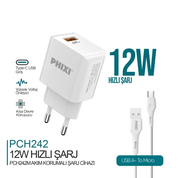 PHİXİ PCH242M FORCE AKIM KORUMALI 2.1A MİCRO USB KABLOLU ŞARJ CİHAZI ürün görseli 1
