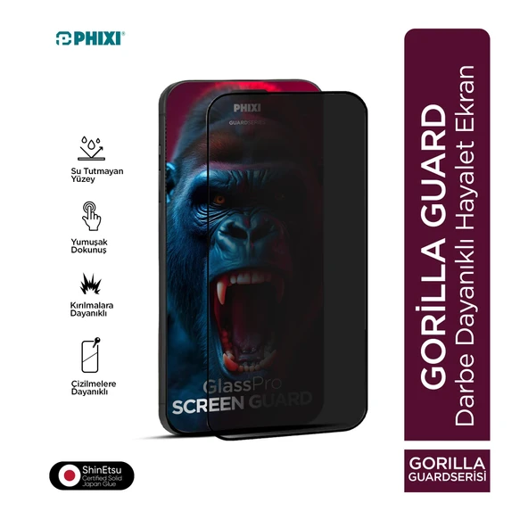 Phixi Hayalet Gorilla Guard iPhone 15 Pro Max Kırılmaz Cam – HD Temperli, Tekrar Yapışabilir, Suyla Temizlenebilir, Anti-Statik, Süper Kavisli Ekran Koruyucu ürün görseli 1