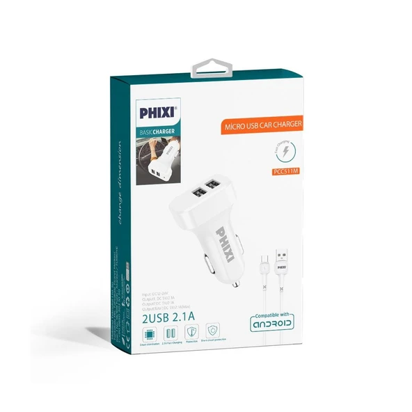 Phixi PCC511M Basic 2.1A Çift Çıkışlı Micro USB Kablolu Araç Şarj Cihazı - Resim 2