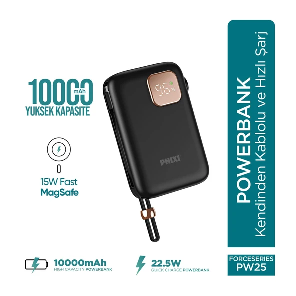 Phixi Force PW25 10000mAh 22.5W Kendinden Kablolu MagSafe Powerbank - Kablosuz Mini Şarj Cihazı - Dijital Ekran - Taşınabilir Şarj Cihazı ürün görseli 1