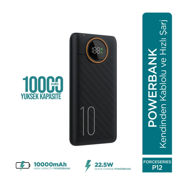 Phixi Force P12 10000mAh 22.5W Hızlı Şarj Cihazı  - Fast Powerbank  - Dijital Ekran - Taşınabilir Şarj Cihazı ürün görseli 1
