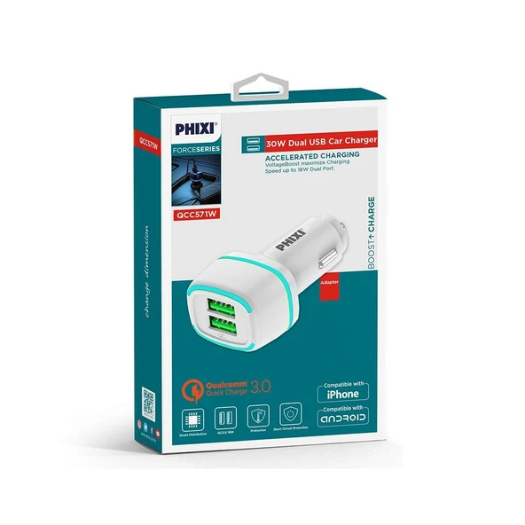 Phixi Force QCC571 Çift Çıkışlı Araç Şarj Adaptörü - Resim 2