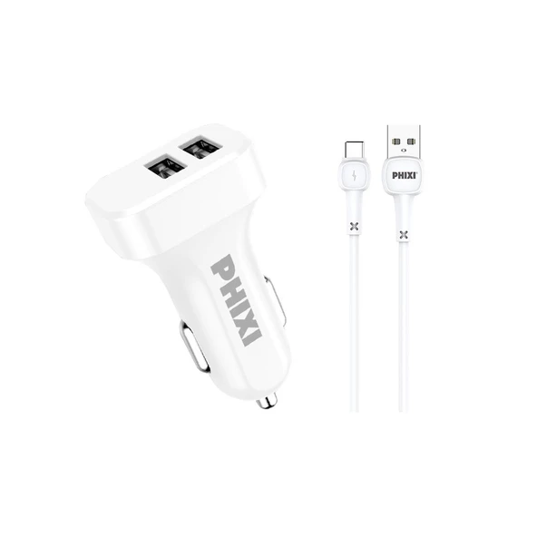 Phixi PCC511T Basic 2.1A Çift Çıkışlı Type-C USB Kablolu Araç Şarj Cihazı ürün görseli 1