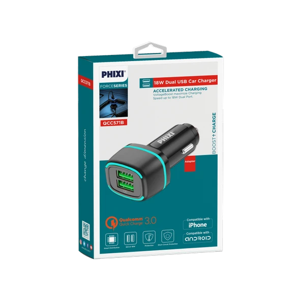 Phixi Force QCC571 Çift Çıkışlı Araç Şarj Adaptörü - Resim 2