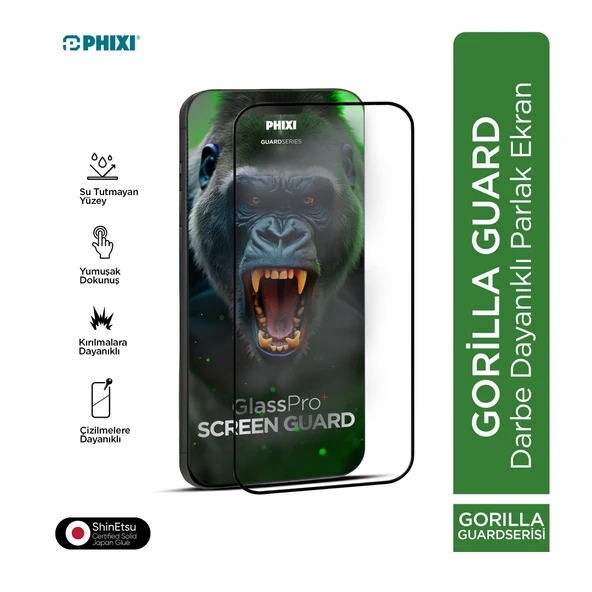 Phixi Gorilla Guard iPhone 15 Kırılmaz Cam – HD Temperli, Tekrar Yapışabilir, Suyla Temizlenebilir, Anti-Statik, Süper Kavisli Ekran Koruyucu ürün görseli 1