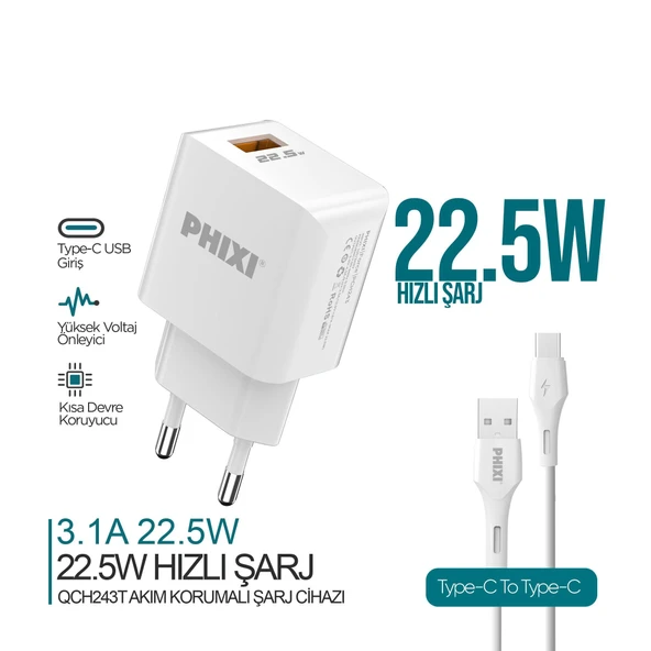 PHİXİ QCH243T FORCE AKIM KORUMALI 3.0A TYPE-C USB KABLOLU ŞARJ CİHAZI ürün görseli 1