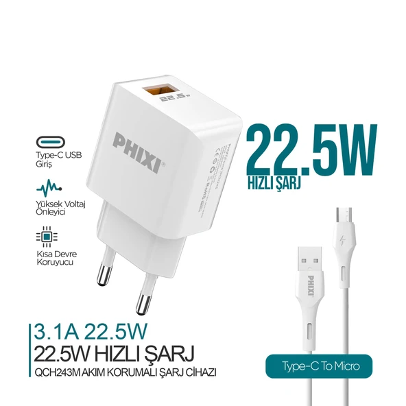 PHİXİ QCH243M FORCE AKIM KORUMALI 3.0A MİCRO USB KABLOLU ŞARJ CİHAZI ürün görseli 1