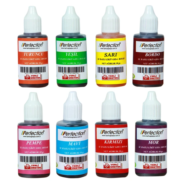 Perfection CHEF 8'li Sıvı Su Bazlı Likit Gıda Boyası Bordo Pembe Turuncu Sarı Kırmızı Mavi Yeşil Mor 8 X 30 gr . ürün görseli 1